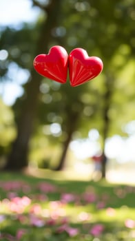 two red hearts floating a springtime field photo