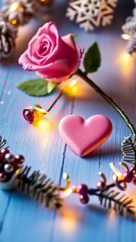 pink rose heart with warm fairy lights photo