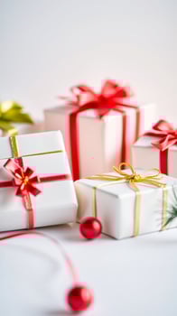 four gift boxes decorated with red gold ribbons photo