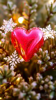 red heart ornament adorned with snowflakes lights photo