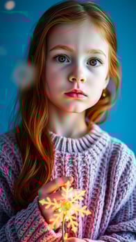 young girl holding a luminous snowflake ornament photo
