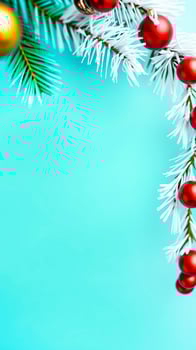 frosted pine branch with red gold ornaments photo