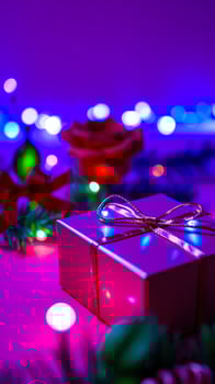 magenta gift box with a gold ribbon photo