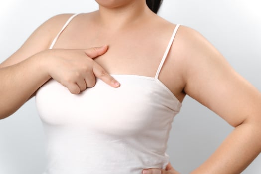 Asian woman checking lumps on her breast for signs of breast cancer on white background photo