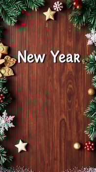 festive new year greeting with evergreen branches decorations photo