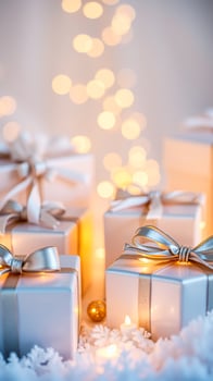 white gift boxes with silver ribbons on a cozy festive background photo