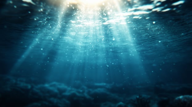 Beneath surface, sunlight filters through water, creating serene and tranquil underwater scene. gentle rays illuminate depths, enhancing beauty of ocean photo