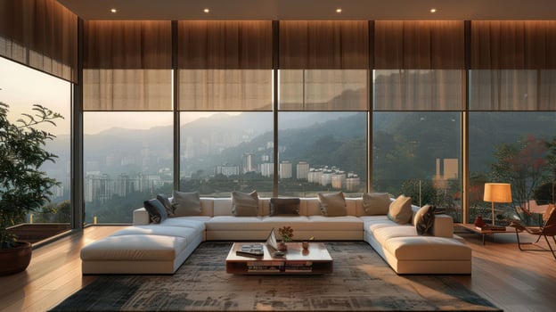A spacious living room with large windows overlooking a city skyline and mountains. photo