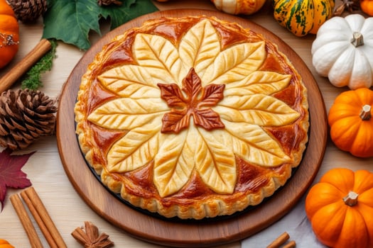 Delicious pumpkin pie with decorative pastry leaves surrounded by gourds and cinnamon on a rustic wooden table photo