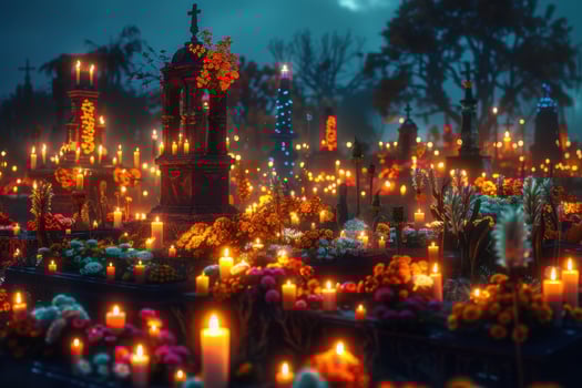 Nighttime Graveyard, atmospheric cemeteries lit with candles for celebration Day of the Dead. photo