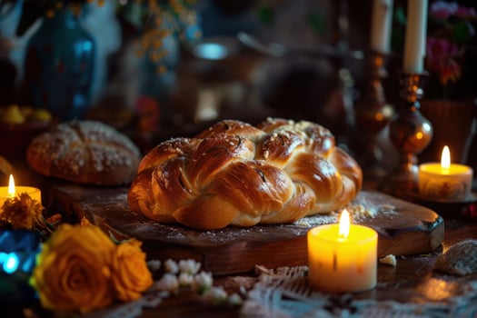 Pan de muerto bread of the dead placed on a altar. Traditional food for Day of the Dead. photo