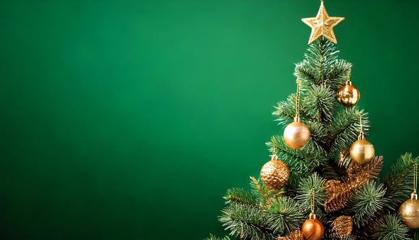 Decorated with ornaments and lights Christmas tree on dark green background. Merry Christmas and Happy Holidays greeting card, frame, banner. New Year. Copy space. Winter holiday theme. photo