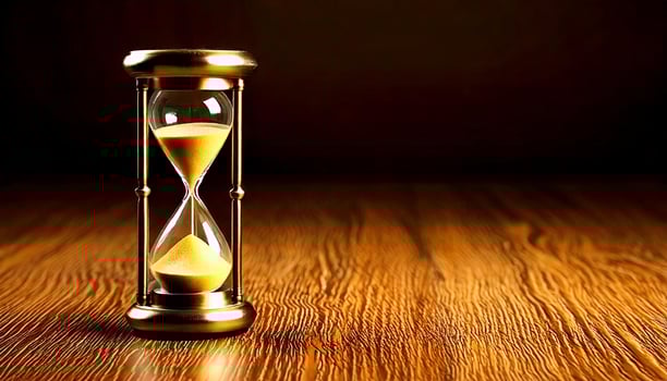 Hourglass with flowing sand on wooden table against dark background, space for text. An hourglass on a wooden surface depicting the passage of time with space for messages or creative ideas. photo