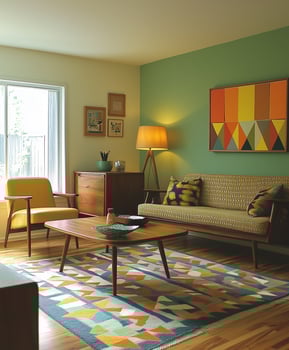 Pastel green walls with walnut furniture, modern living room photo