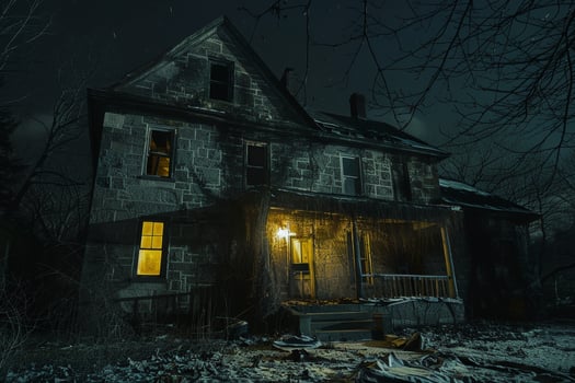 A dark house with a porch at night photo