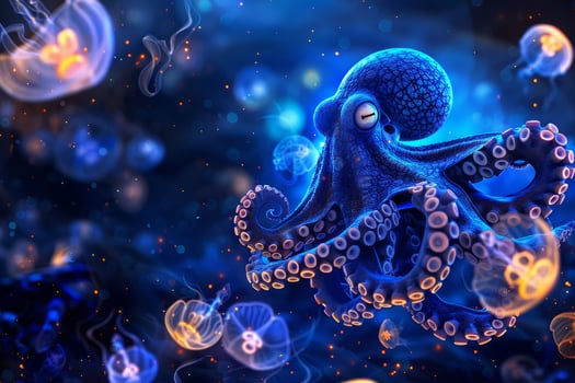 An octopus is surrounded by jellyfish photo