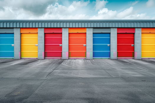 Colorful storage units in a parking lot photo