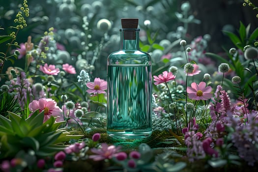 Tranquil Botanicals Glass Bottle Amidst Lush Flower Garden for Natural Beauty Concept photo