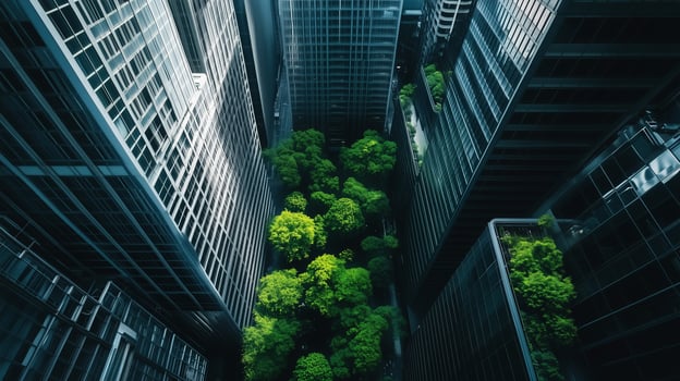 Aerial view of a small garden full of trees next to a busy city. A beautiful blend of business and nature. Concept of sustainable, eco friendly modern city, go green. photo