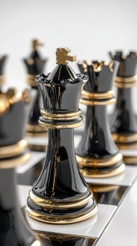 A majestic black and gold chess set gleams under soft lighting during an intense match photo