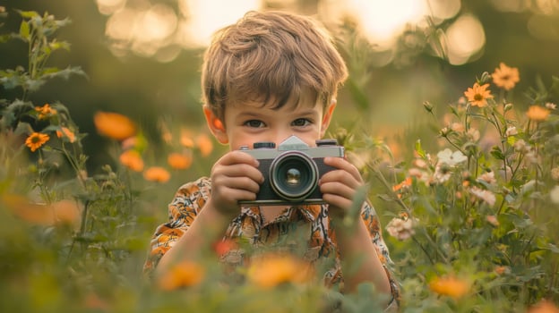 A young child captures memories with an old camera amidst vibrant flowers during golden hour photo