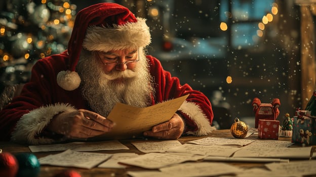 Santa Claus reads heartfelt letters by a cozy fireplace surrounded by festive decorations photo