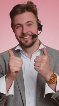 Business man wearing headset call center, support service operator helpline having talk with client photo