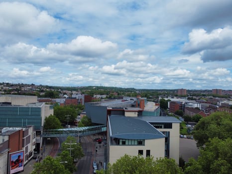 An Aerial View of Buildings at Central Bristol City of Southwest of England, United Kingdom. May 27th, 2024. The High Angle Footage Was Captured with Drone's Camera from High Altitude. photo