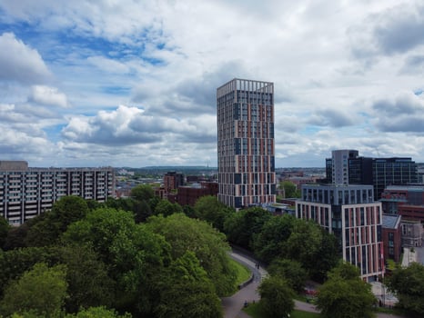 An Aerial View of Buildings at Central Bristol City of Southwest of England, United Kingdom. May 27th, 2024. The High Angle Footage Was Captured with Drone's Camera from High Altitude. photo