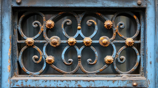 Old ornate rusty metal grate protecting window showing through photo