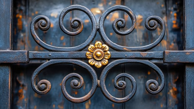 Wrought iron gate showing intricate metalwork and golden flower ornament photo