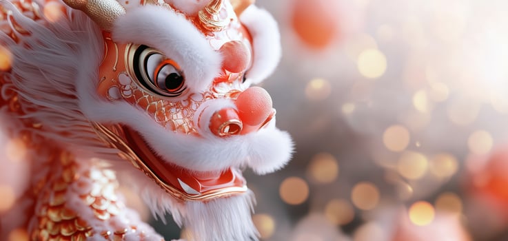 A vibrant and intricate dragon dance representation, showcasing traditional artistry with bokeh background. photo