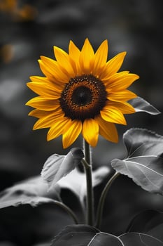 Vibrant sunflower with green leaves against a dark backdrop in an artistic style photo