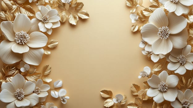 Elegant golden floral arrangement with white flowers on a soft golden background photo