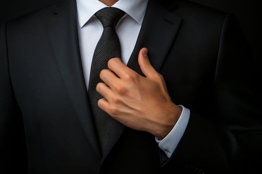 Man adjusting tie in dark setting while wearing a formal suit and crisp white shirt photo