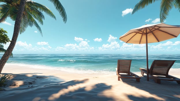 Relaxing beach chairs under an umbrella by the serene ocean on a sunny day photo