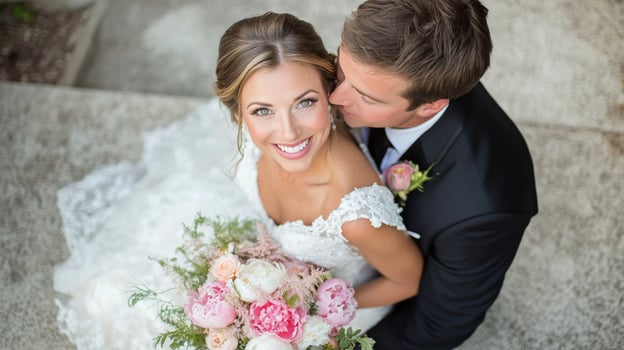 A joyful bride and groom share a tender moment outdoors during their wedding ceremony photo