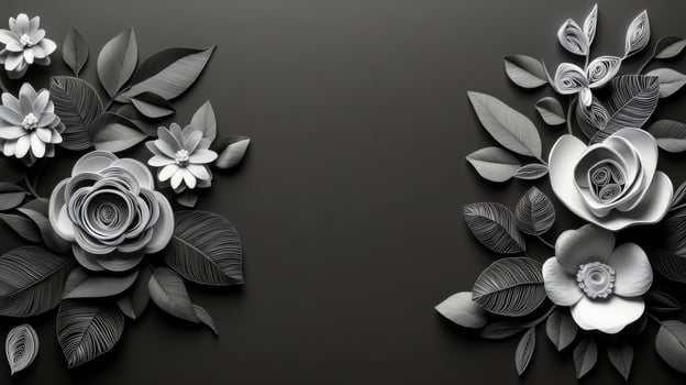 Elegant monochrome paper flowers arranged on a black background showcasing craftsmanship and detail photo