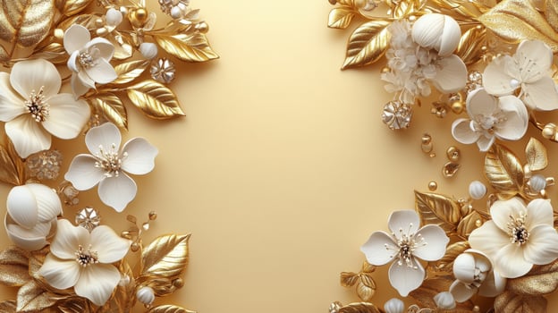 Elegant golden floral arrangement with white flowers on a soft golden background photo
