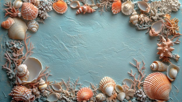 Decorative arrangement of seashells and coral on a textured background showcasing ocean life photo