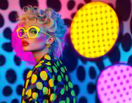 Retro beautiful woman wearing neon sunglasses nad vibrant 80's style clothes. Flamboyant, Y2K, vintage background photo