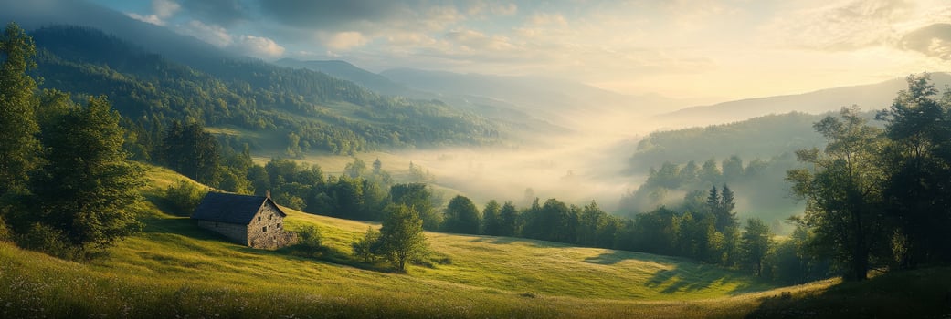 A quaint cottage nestled in a misty valley at dawn surrounded by lush greenery and rolling hills photo