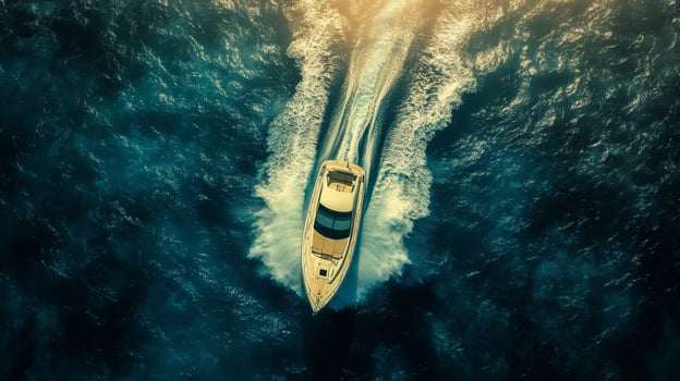 Bright orange motorboat cruising over deep blue waters during a sunny day at sea photo