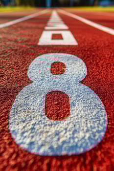 Red running track with lane number eight visible during cloudy weather photo