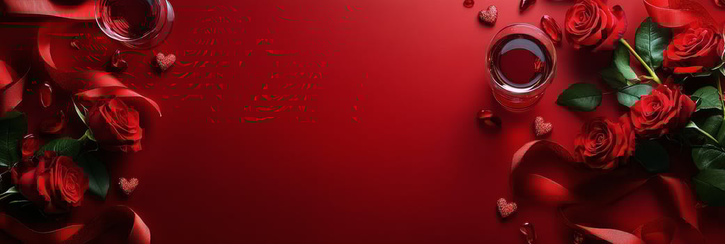 Romantic arrangement of red roses and glasses on a deep red background for a special occasion photo
