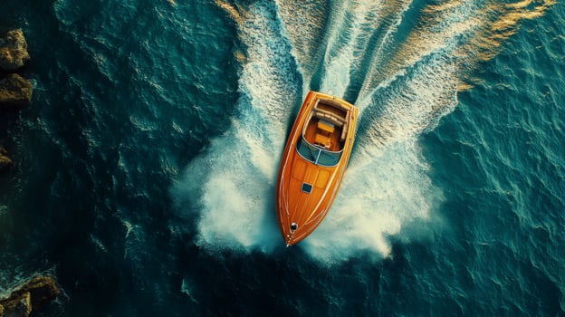 Bright orange motorboat cruising over deep blue waters during a sunny day at sea photo