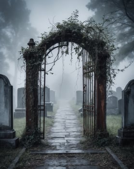 A gate to a cemetery with a foggy gate photo