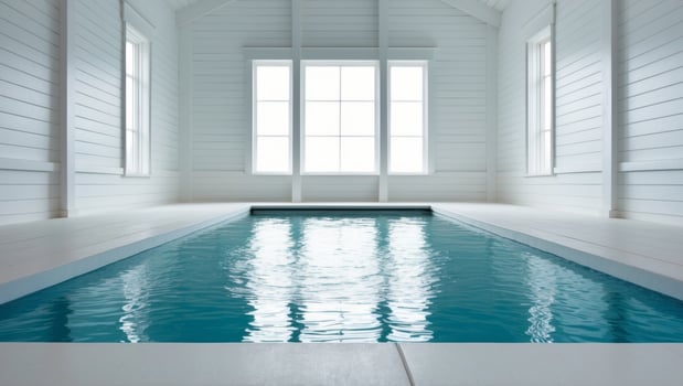 An indoor swimming pool in a white room photo
