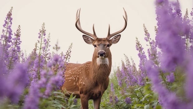A deer is standing in a field of purple flowers photo