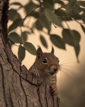A squirrel peeks out from behind a tree photo